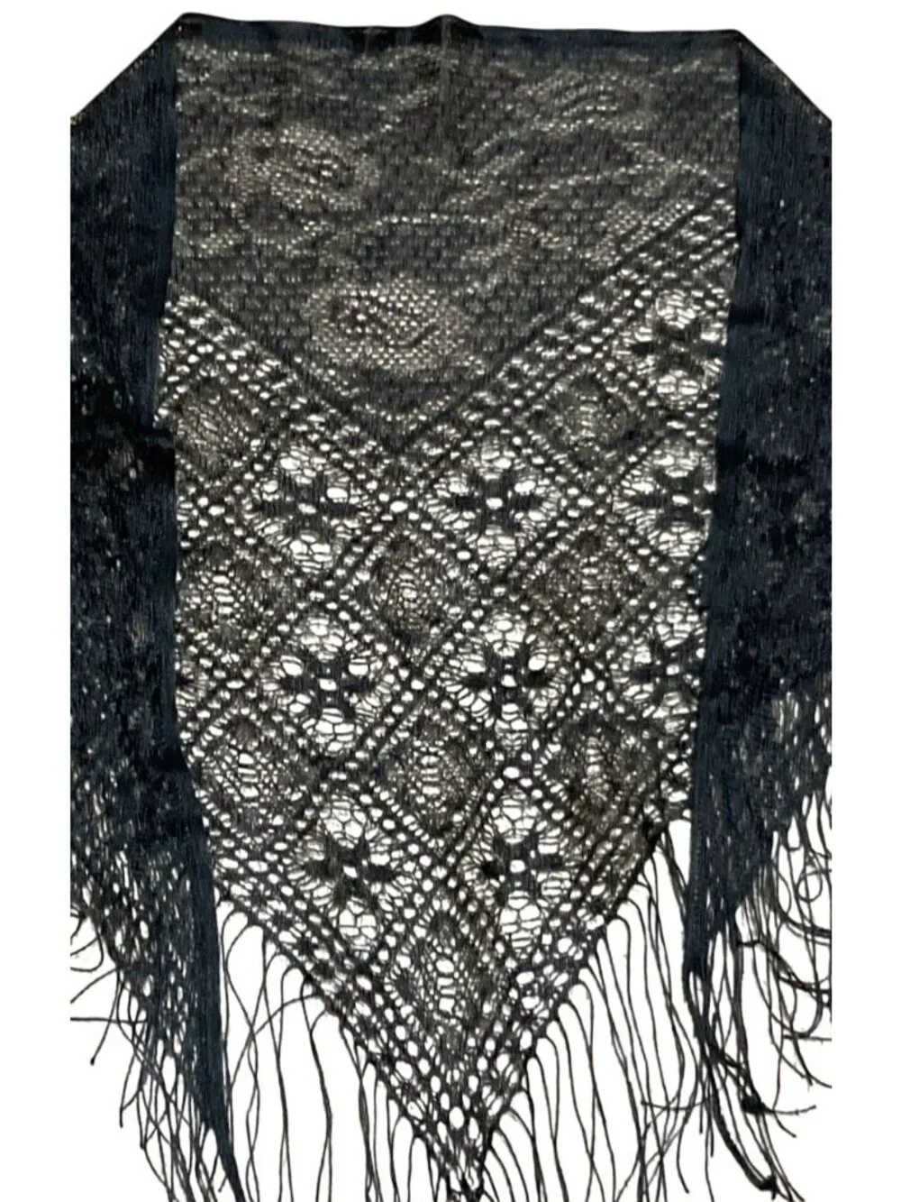 Vtg  Black Lace Triangle Shawl W/ Fringe Detailing Elegant Wrap For Evening Wear